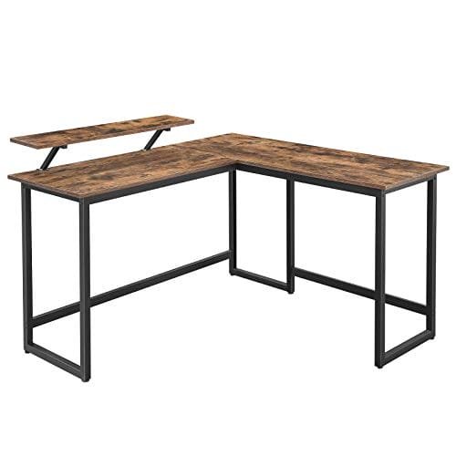 Vasagle L-formet skrivebord med skærmstativ til studier, spil, arbejde, rumbesparende, justerbare ben, metalramme, let samling, rustik brun LWD56X 140