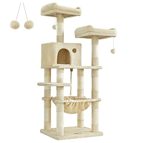 Feandrea kattträd, stabilt katttorn, 2 plysch abborre, 143 cm, beige