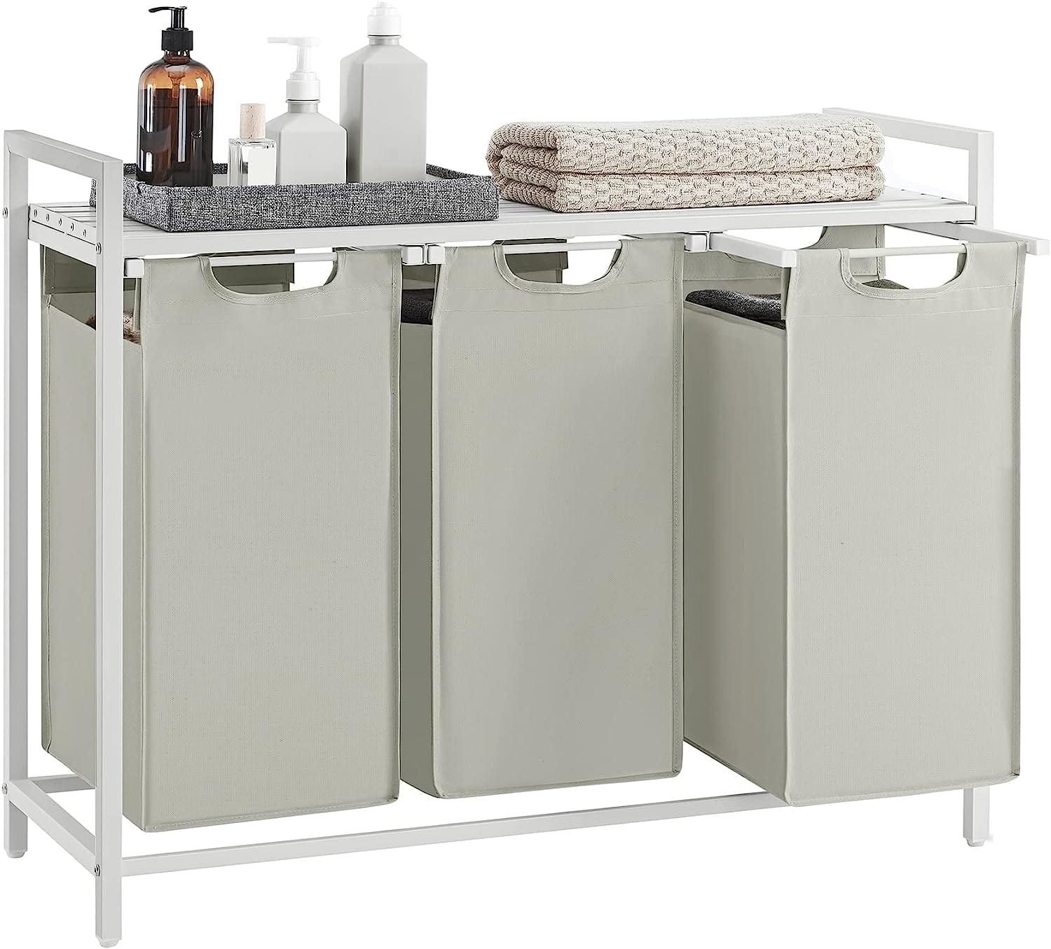 Vasagle Tøjvaskekurv, 3-rumvasketvask, udtræk og aftagelige vaskeri, vaskeri, hylde, metalramme, 3 x 38L, 92,5 x 33 x 72 cm, hvid blh301w01